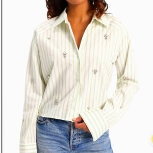 Express Embellished Striped Cropped Boyfriend Portofino Shirt. Size L